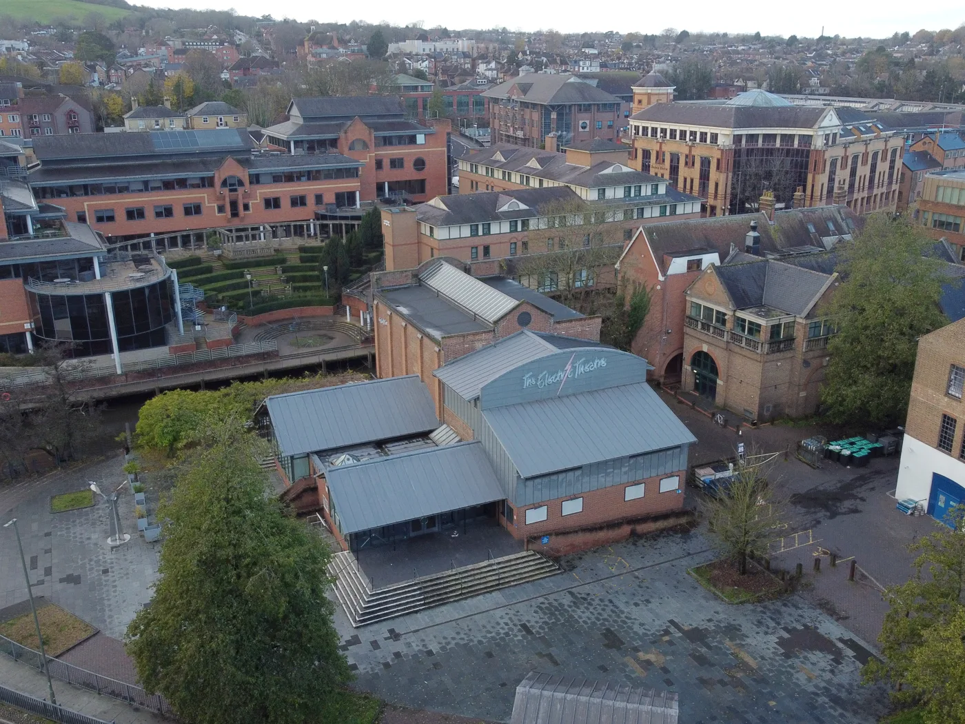 The Electric Theatre on the River Wey in Guildford town centre, photographed from the air in December 2025, four months after it closed